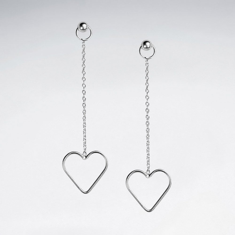 Sterling Silver Chain Stud Open Heart Dangle Earrings