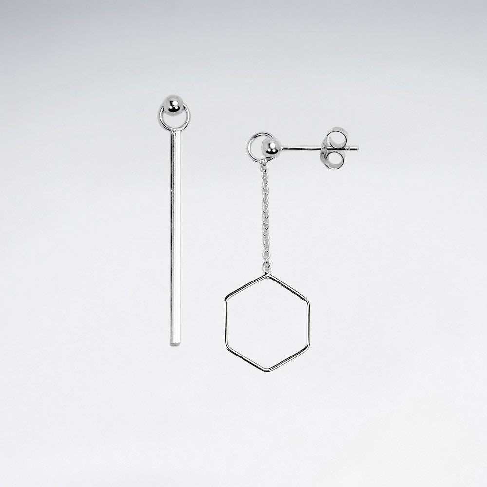 Sterling Silver Dangle Stud  Openwork Hexagon Earrings