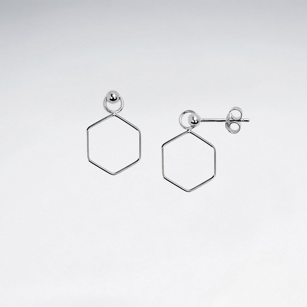 Openwork Hexagon Dangle Stud Earrings in 925 Sterling Silver