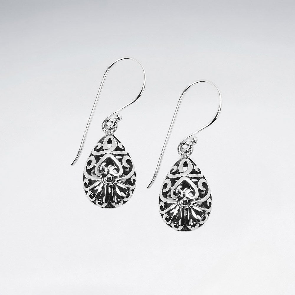 Silver Ornate Filigree Teardrop Dangle Hook Earrings