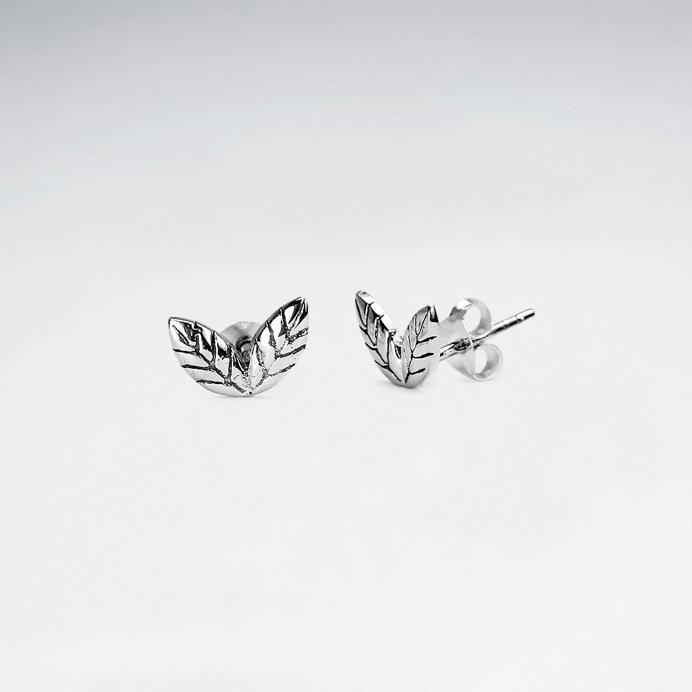 Sterling Silver Double Leaf Stud Earrings