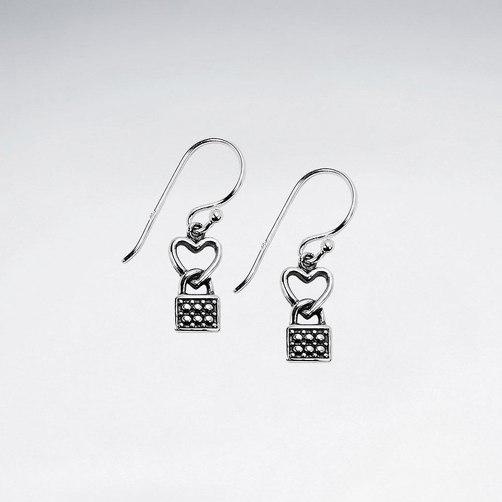 Sterling Silver Heart & Lock Dangle Earrings