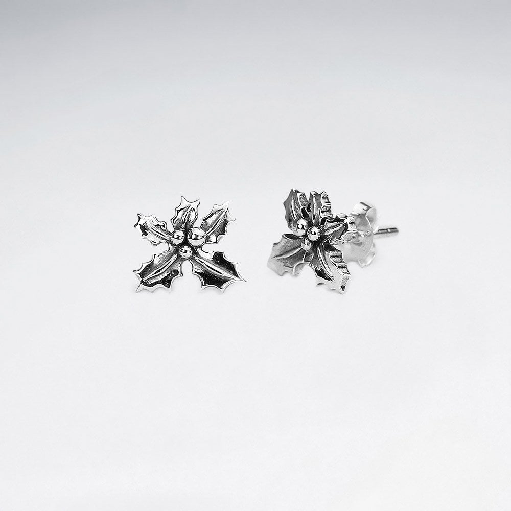 Sterling Silver Christmas Holly Stud Earrings