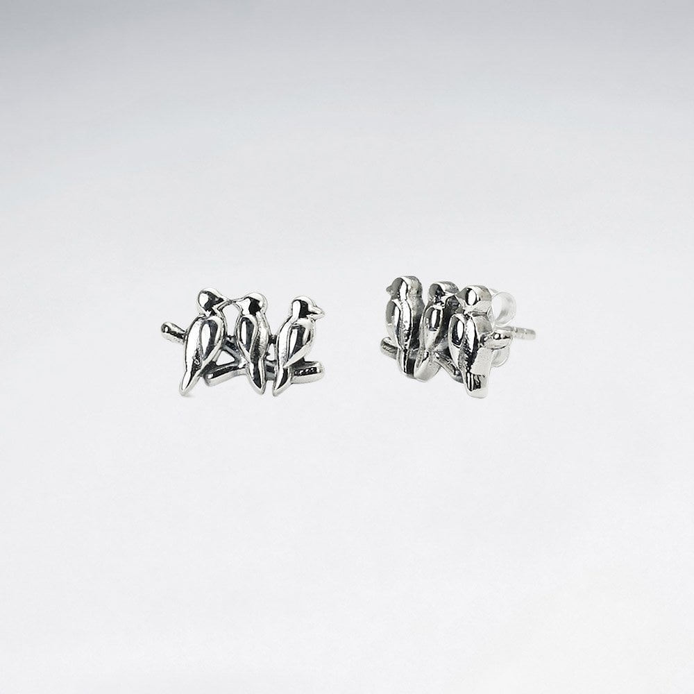 Sterling Silver Bird Trio Silhouette Stud Earrings