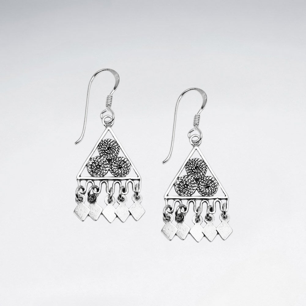 Sterling Silver Triangle Hook Ornate Disc Drop Dangle Earrings