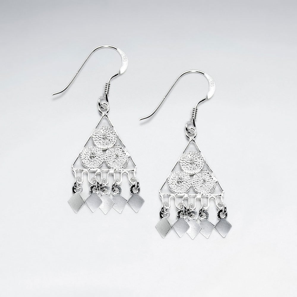 Sterling Silver Triangle Hook Ornate Disc Drop Dangle Earrings