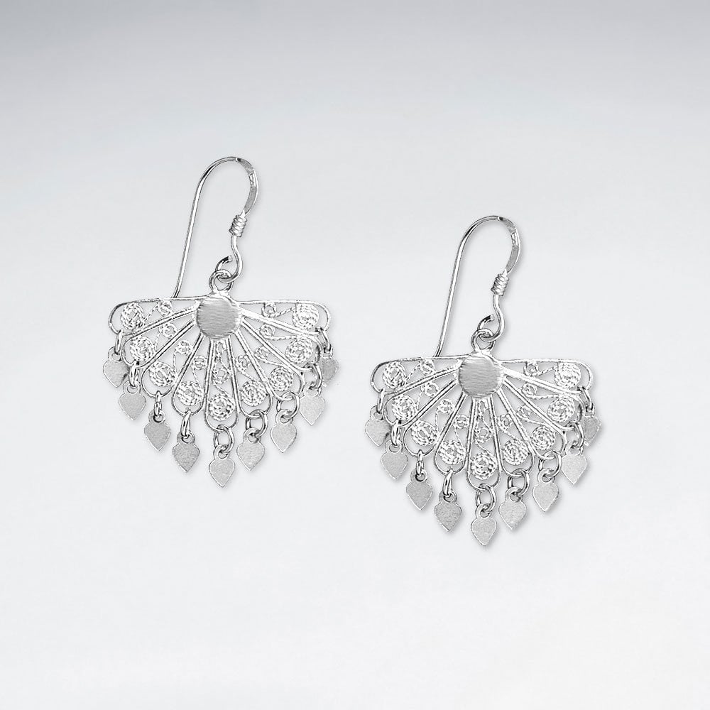 Filigree Delta-Shaped Silver Chandelier Dangle Drop Earrings