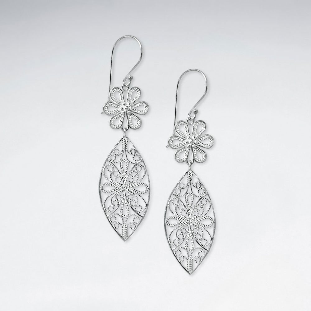 Sterling Silver Floral Artwork Filigree Double Drop Dangle Earrings