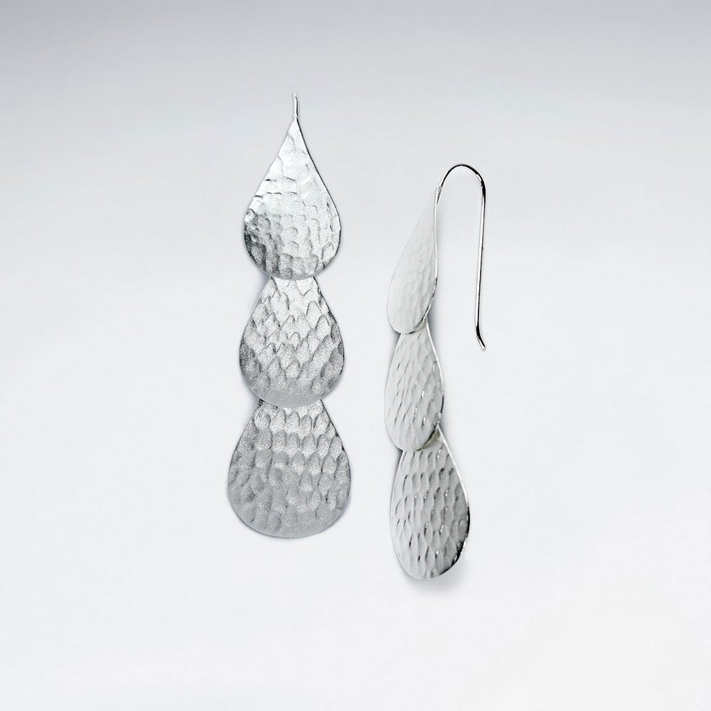 Triple Tiered Dimple Hammered Dangle Teardrop Earrings in Silver