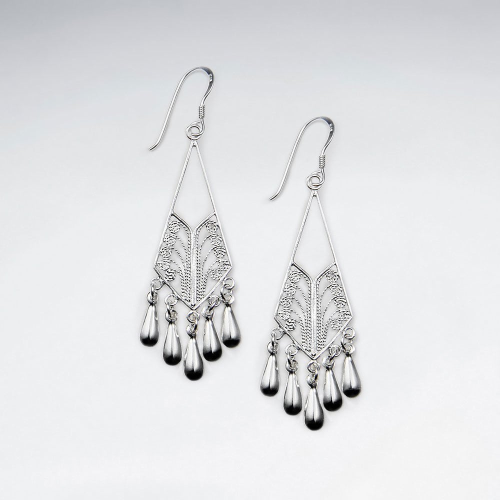 Sophisticated Open Filigree Dangle Chandelier Earrings in Silver
