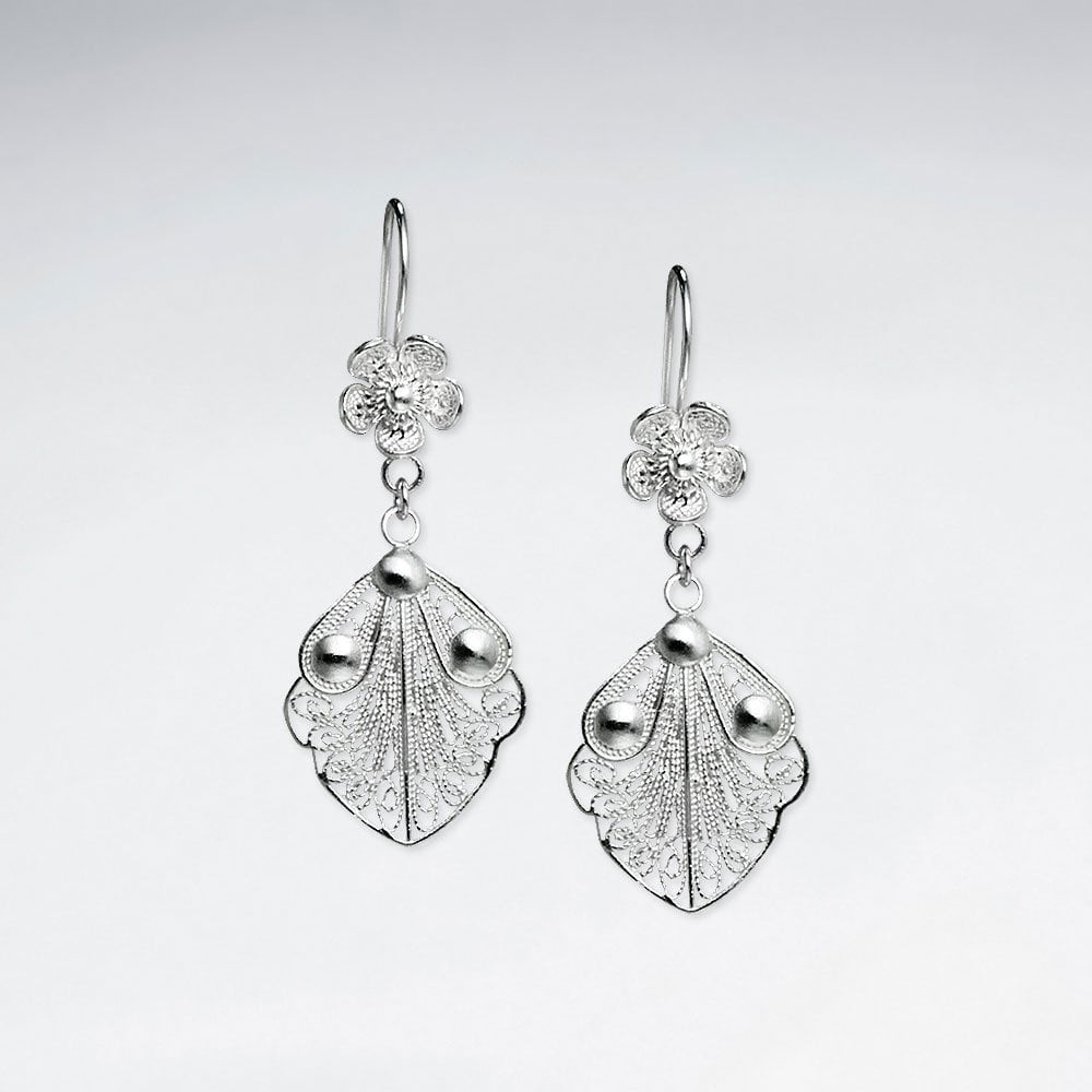 Large Filigree Leaf Design Suspended by Delicate Silver Flowers Earrings