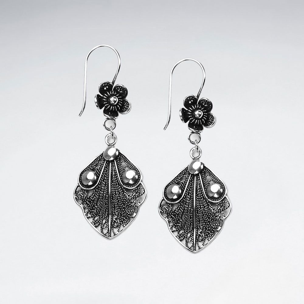 Large Filigree Leaf Design Suspended by Delicate Silver Flowers Earrings
