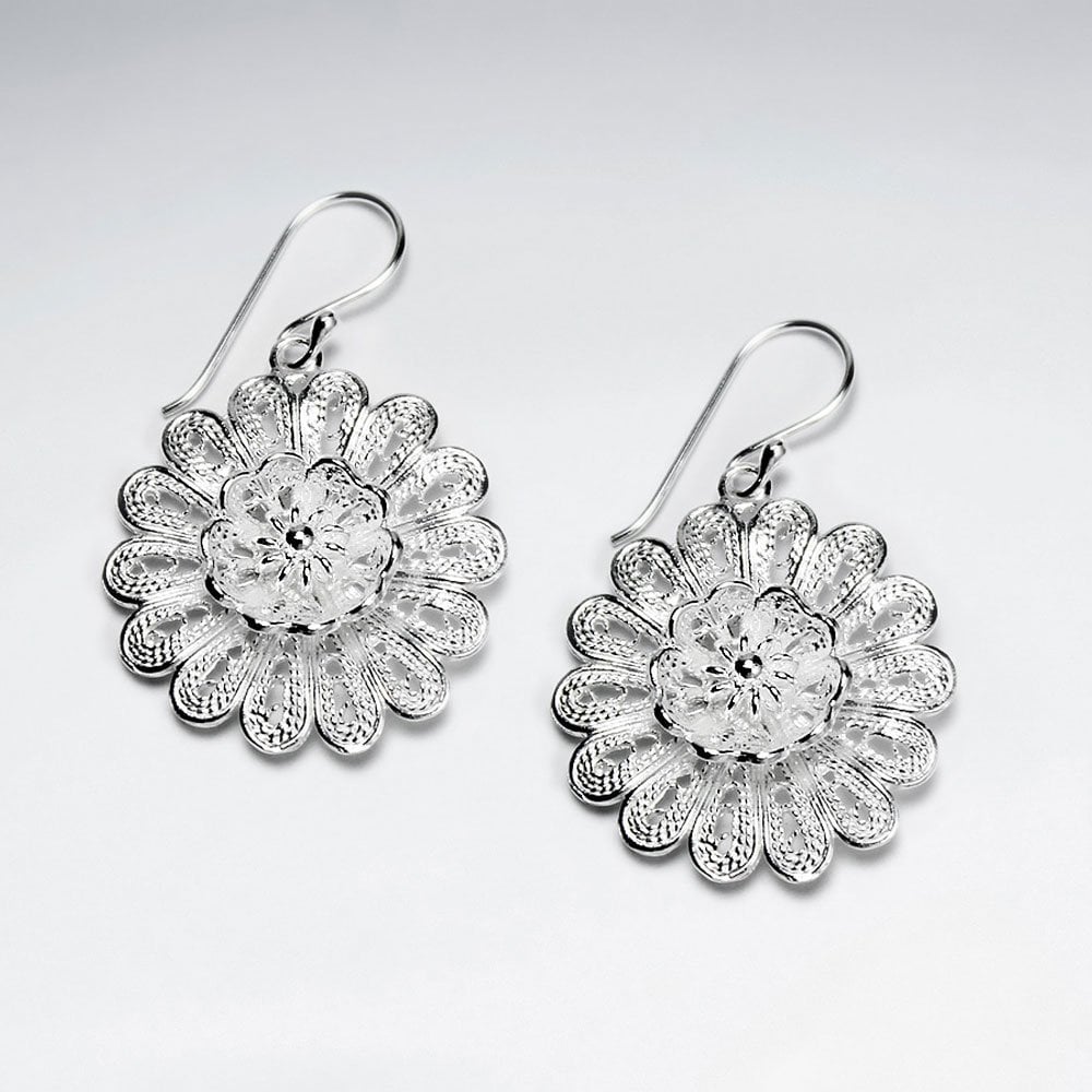 Ornamented Silver Flower Earrings with Shepherds Hook