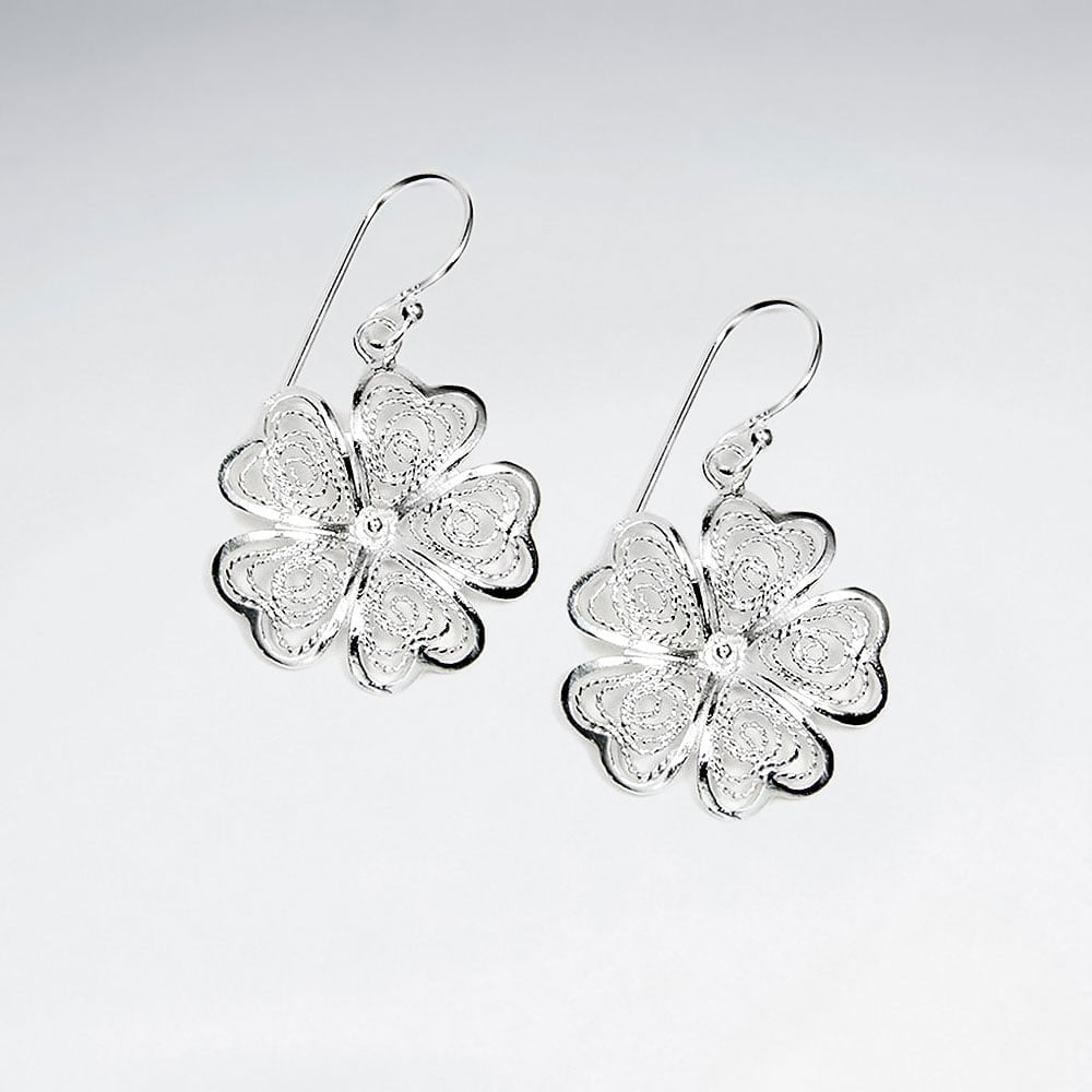 Sterling Silver Openwork Dainty Flower Dangle Earrings