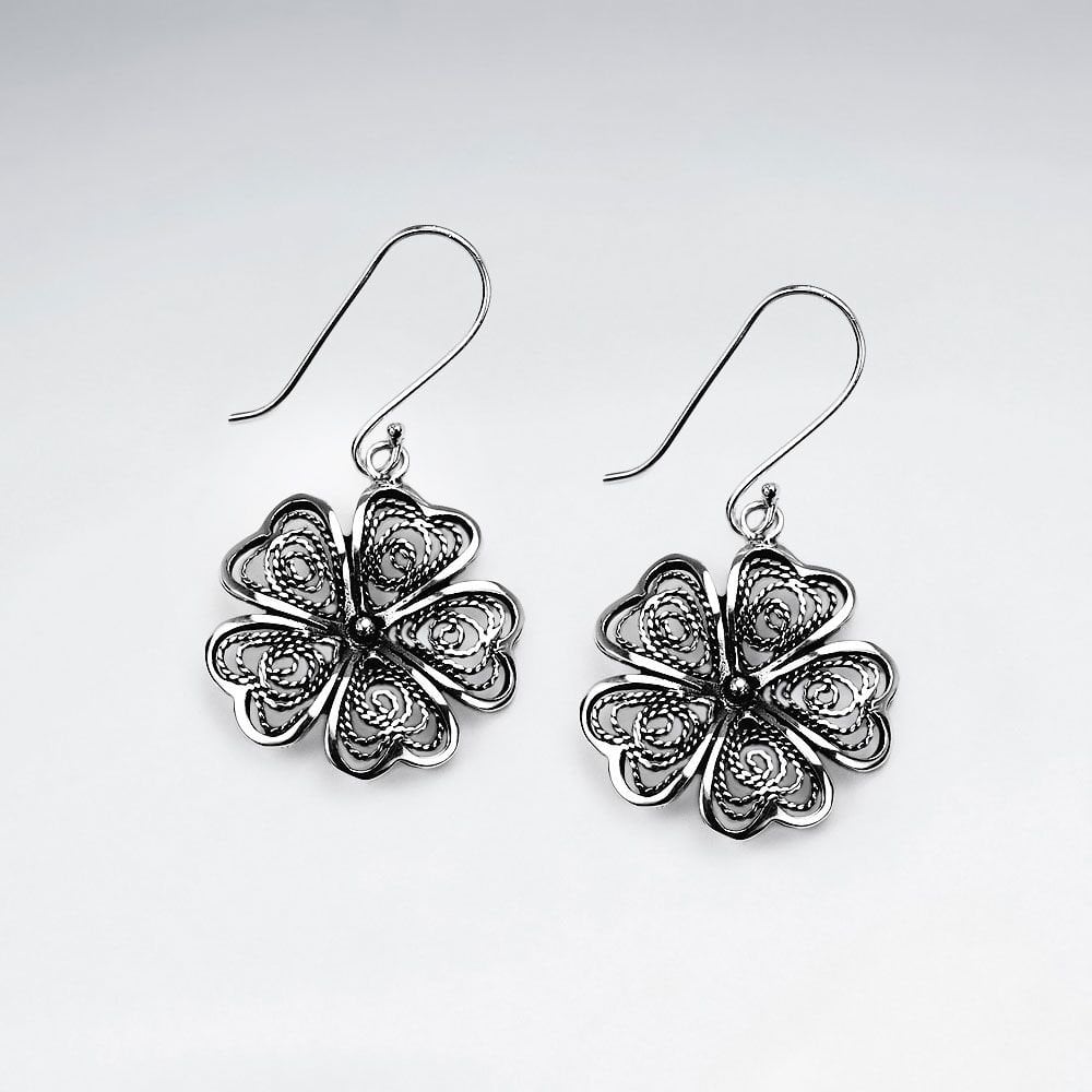 Sterling Silver Openwork Dainty Flower Dangle Earrings