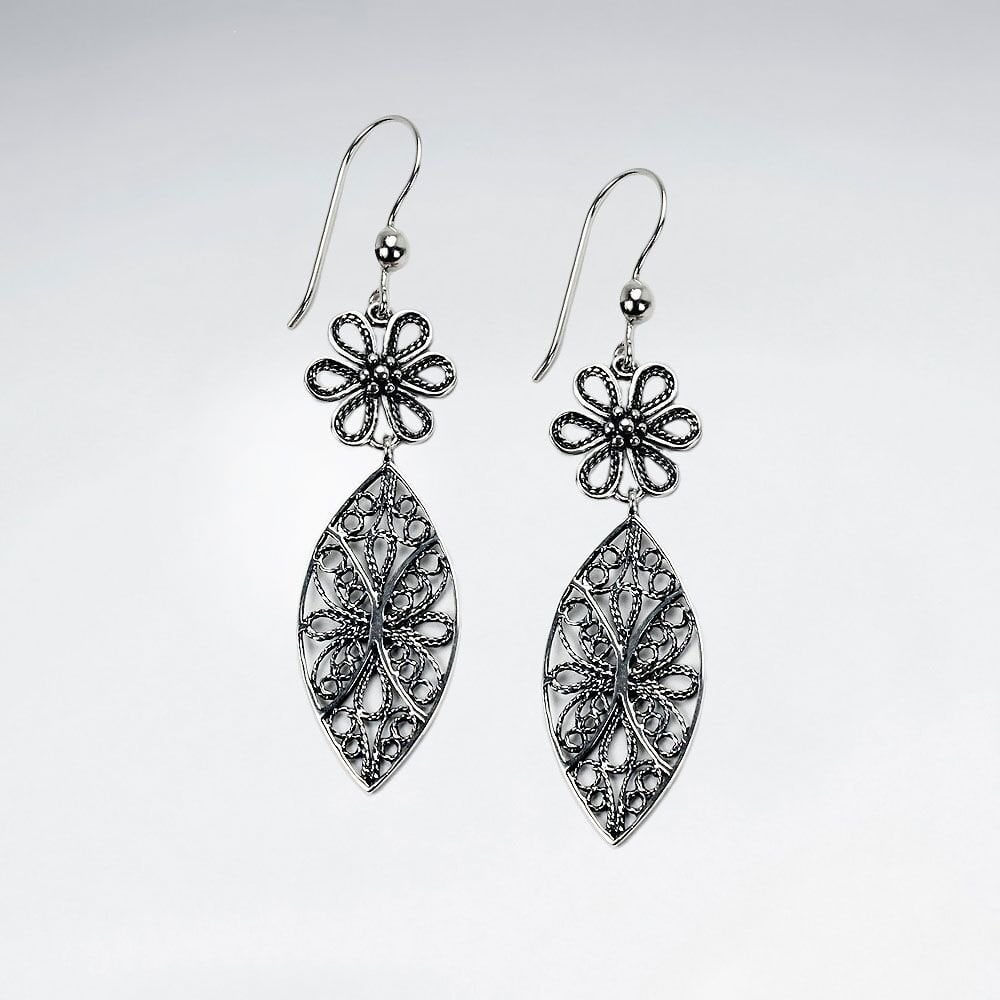 Sterling Silver Floral Artwork Filigree Double Drop Dangle Earrings