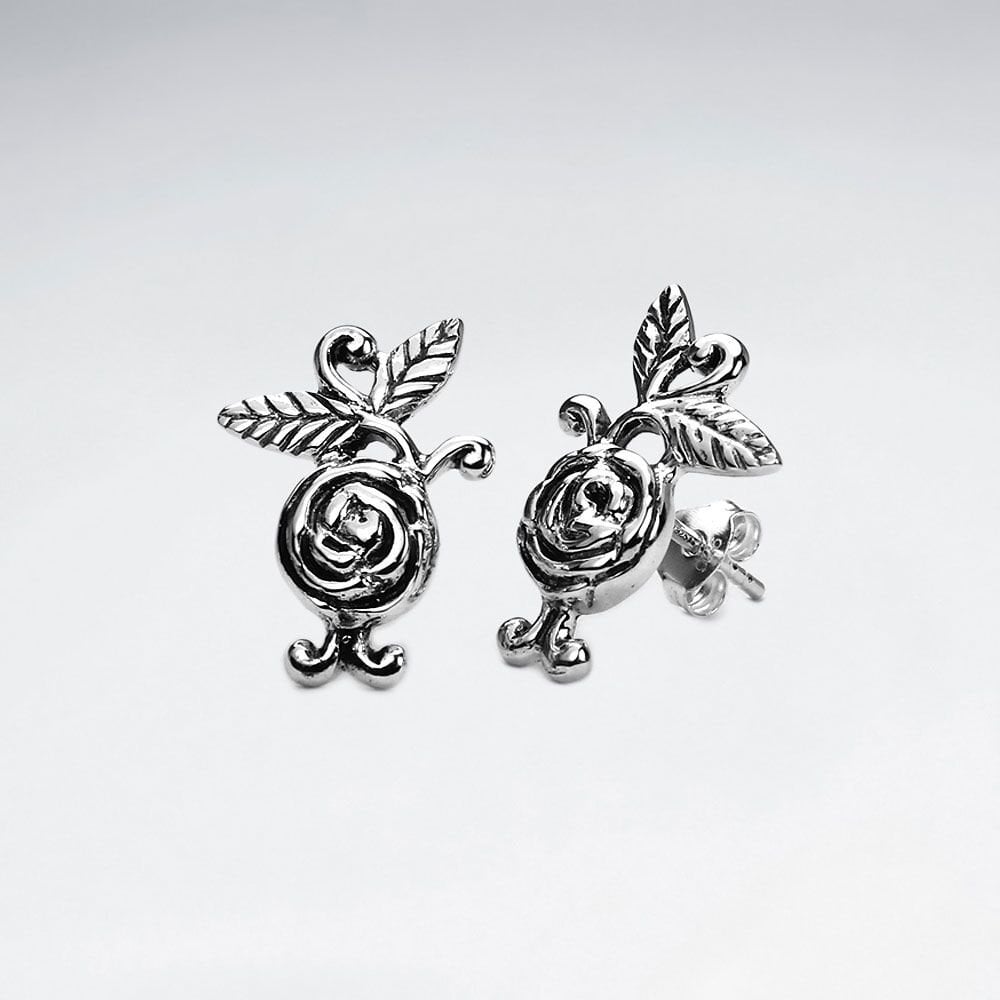 Elegant Polished Silver Rose Bloom Stud Earrings