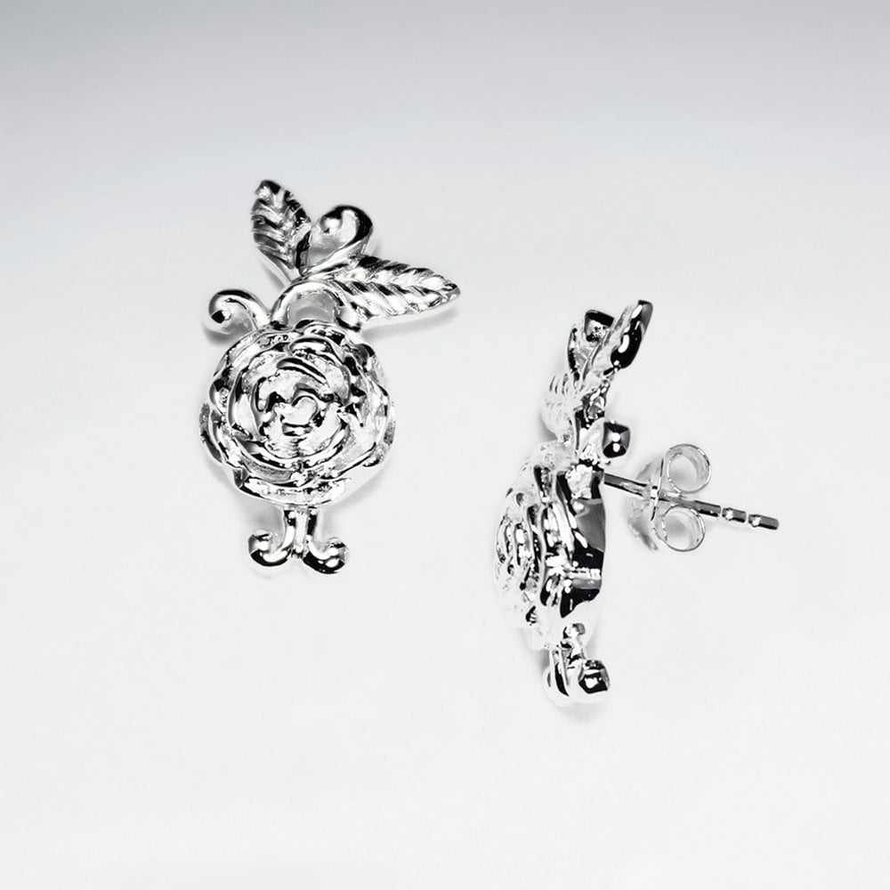Elegant Polished Silver Rose Bloom Stud Earrings