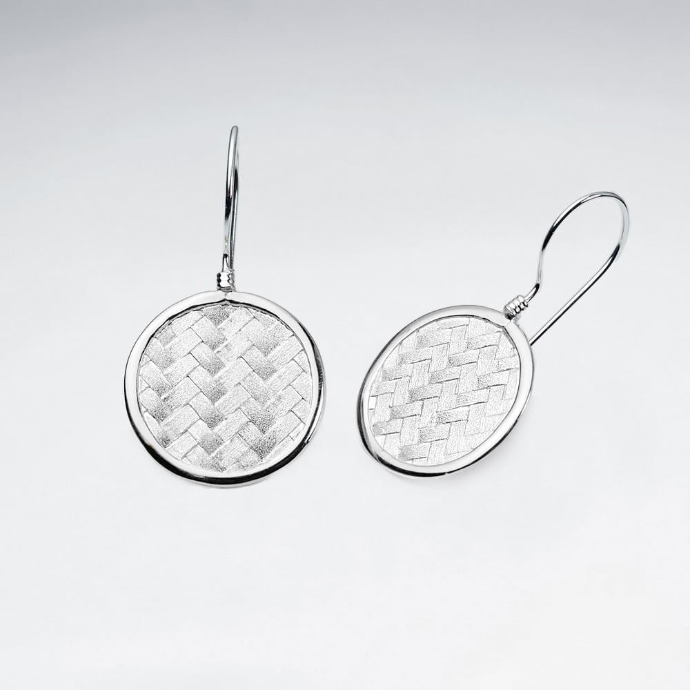 Round Disc Silver Cobblestone Textured Drop Hook Earrings