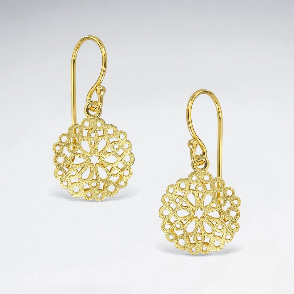 Ornate Filigree Sterling Silver Circle Drop Dangle Hook Earrings