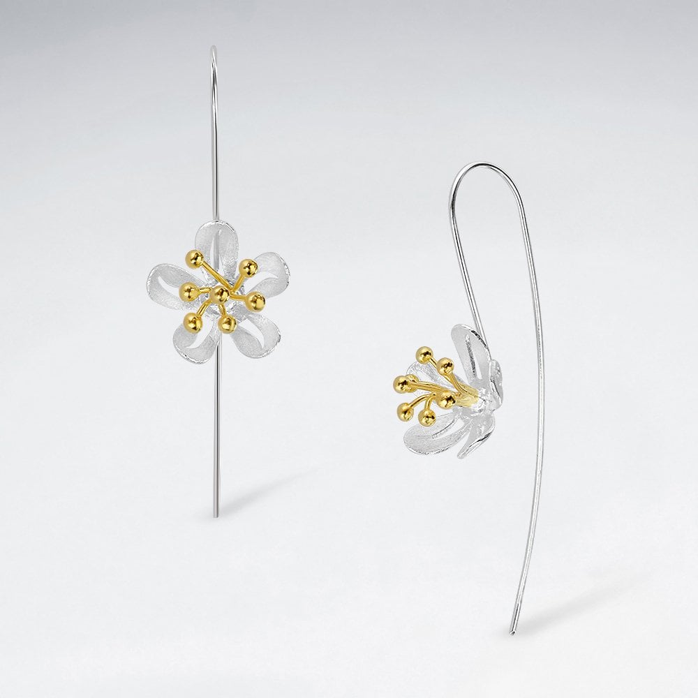 Matte Silver Dainty Blossoms Threader Hook Earrings