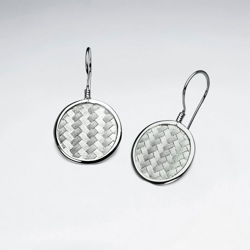 Round Disc Silver Cobblestone Textured Drop Hook Earrings