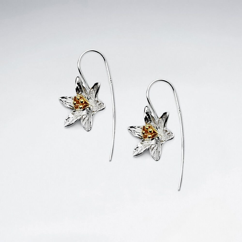 Polished Silver Long Hook Flower Dangle Earrings