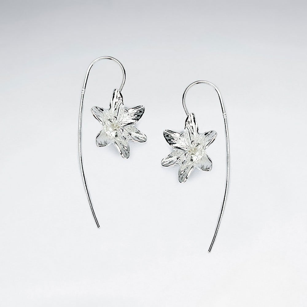 Polished Silver Long Hook Flower Dangle Earrings