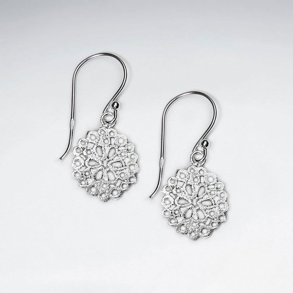 Ornate Filigree Sterling Silver Circle Drop Dangle Hook Earrings