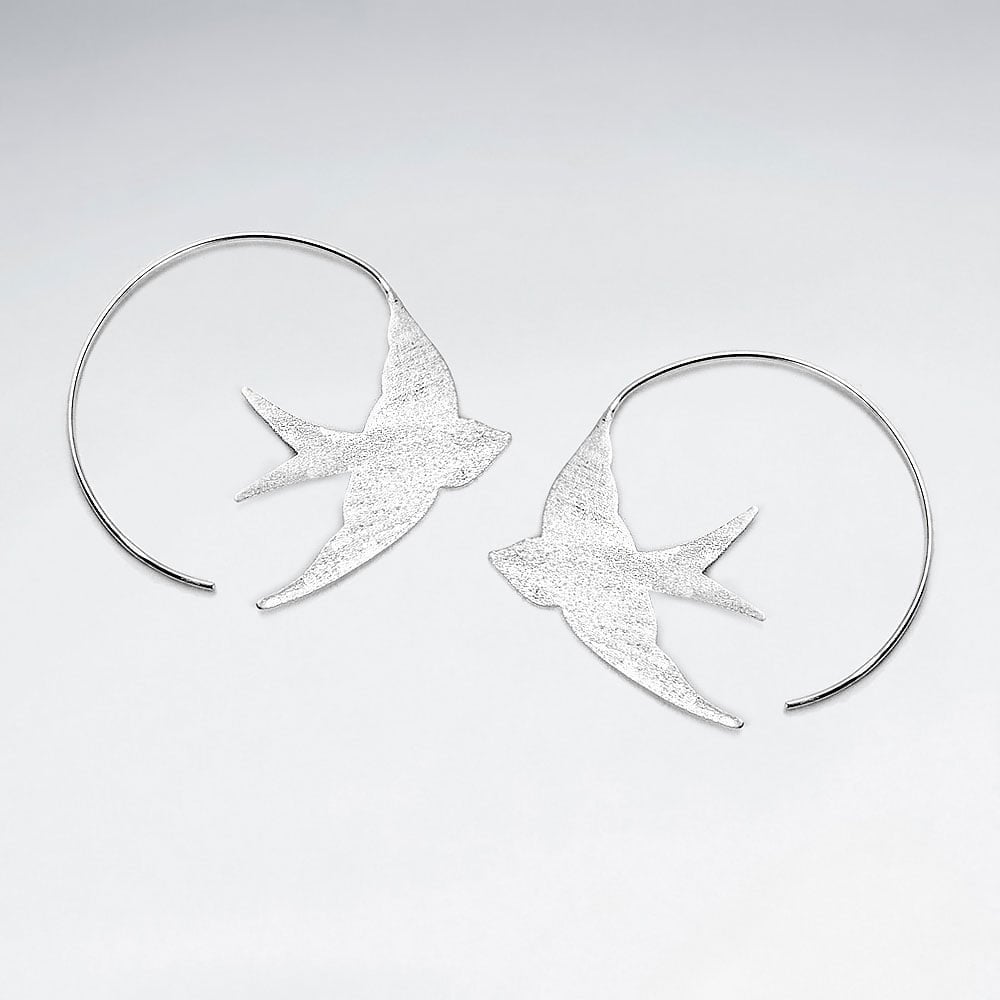 925 Matte Silver Dove Silhouette Bird Hoop Earrings
