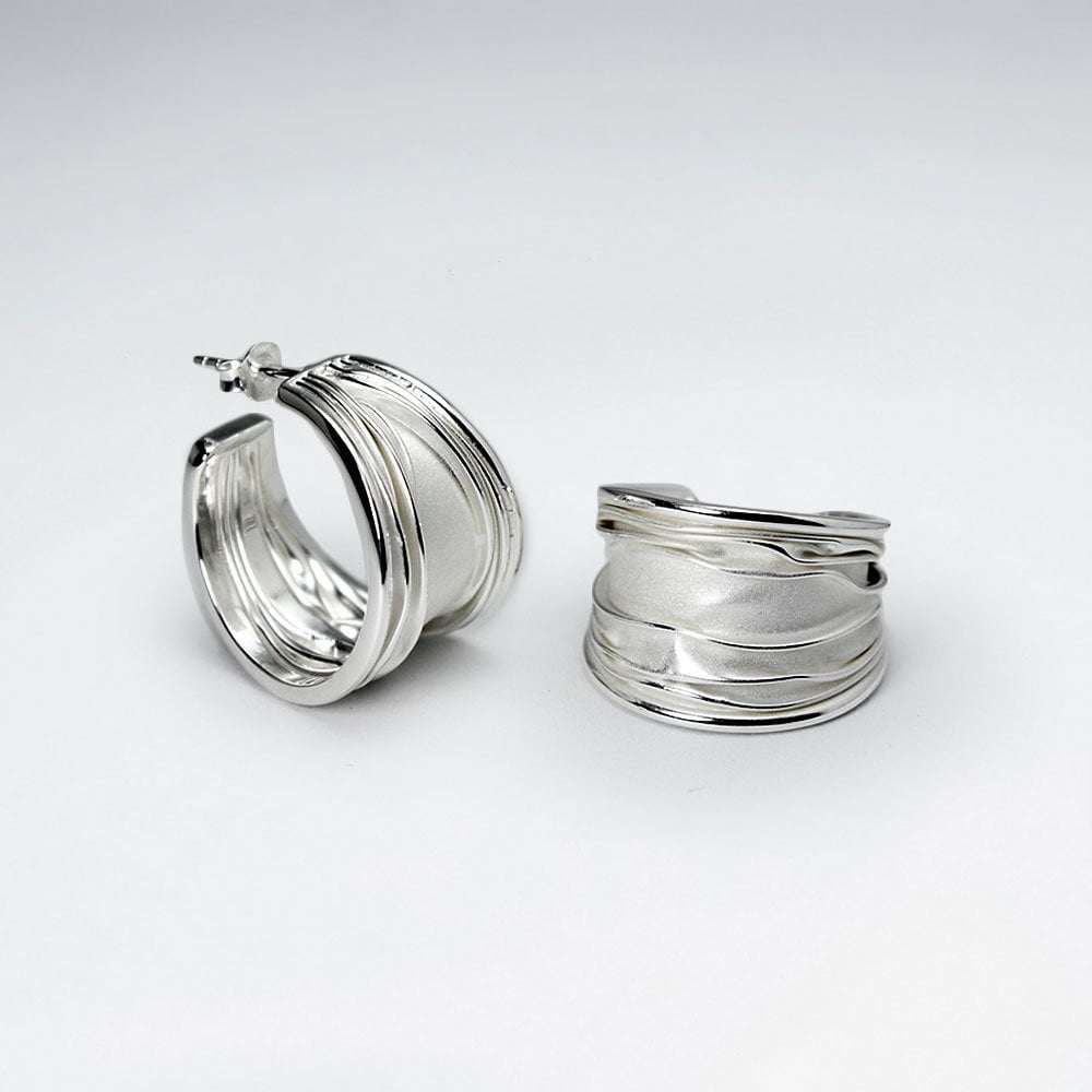 Textured Silver Feather Style Half Hoop Earrings