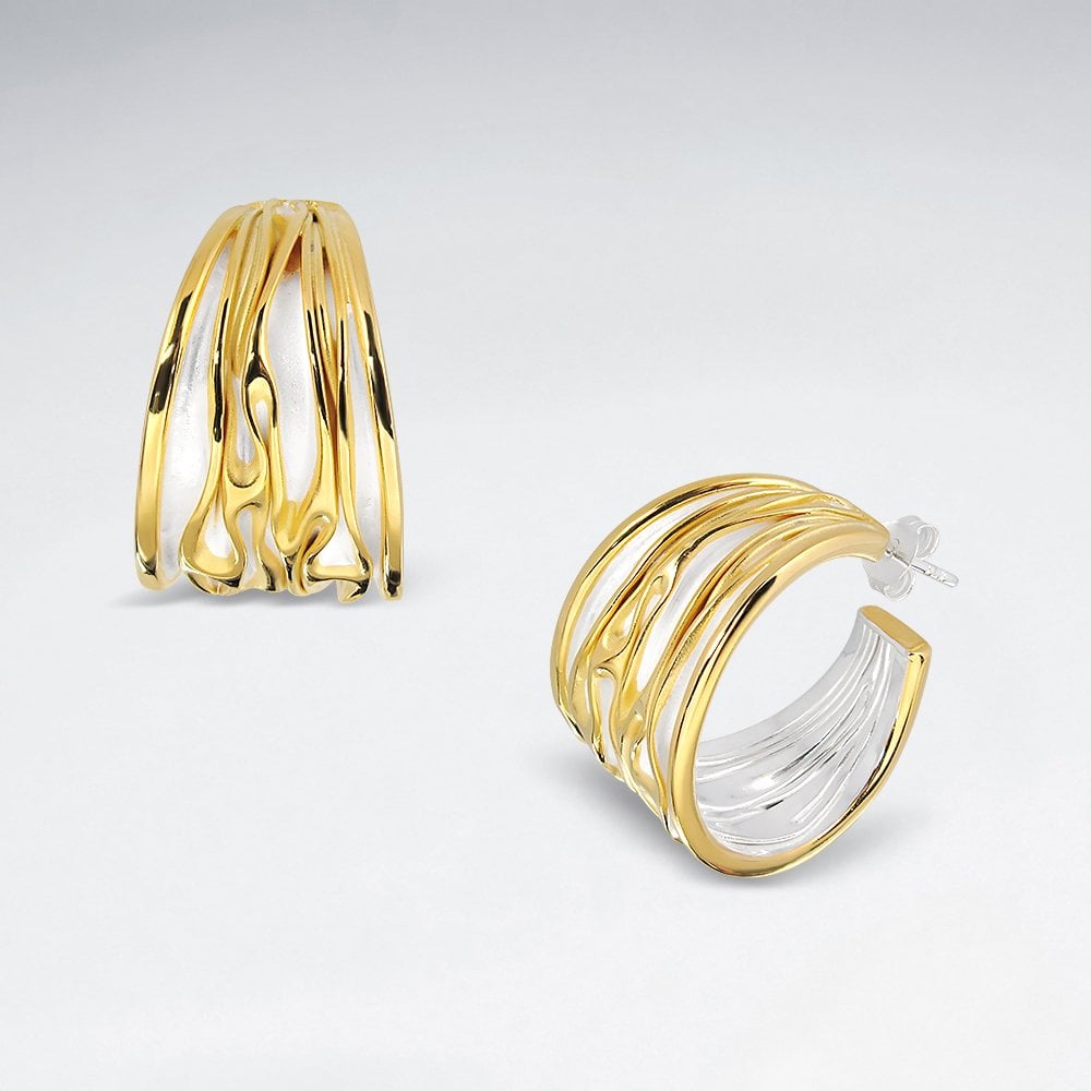 Textured Silver Feather Style Half Hoop Earrings