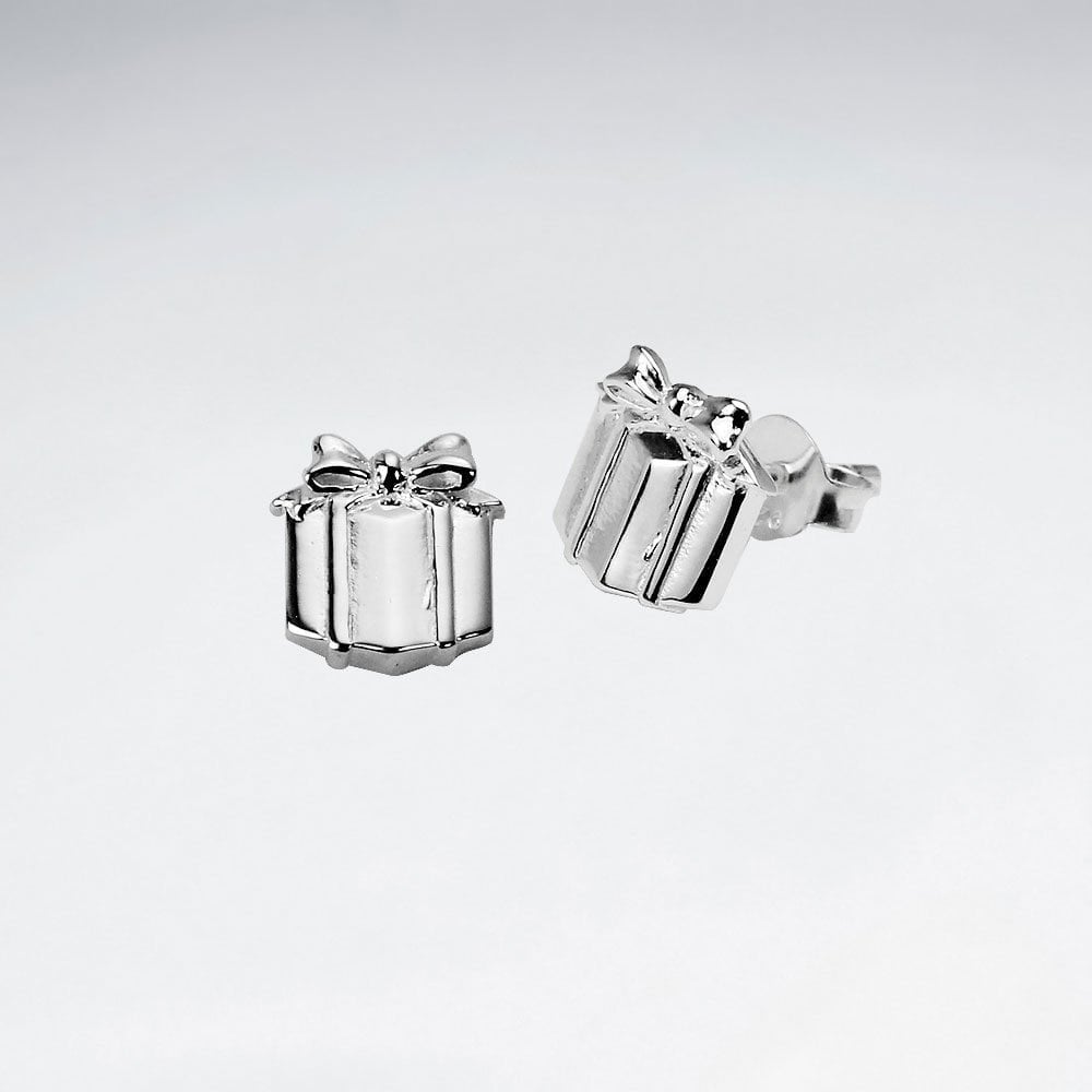 Sterling Silver Openwork Gift Box Stud Earrings