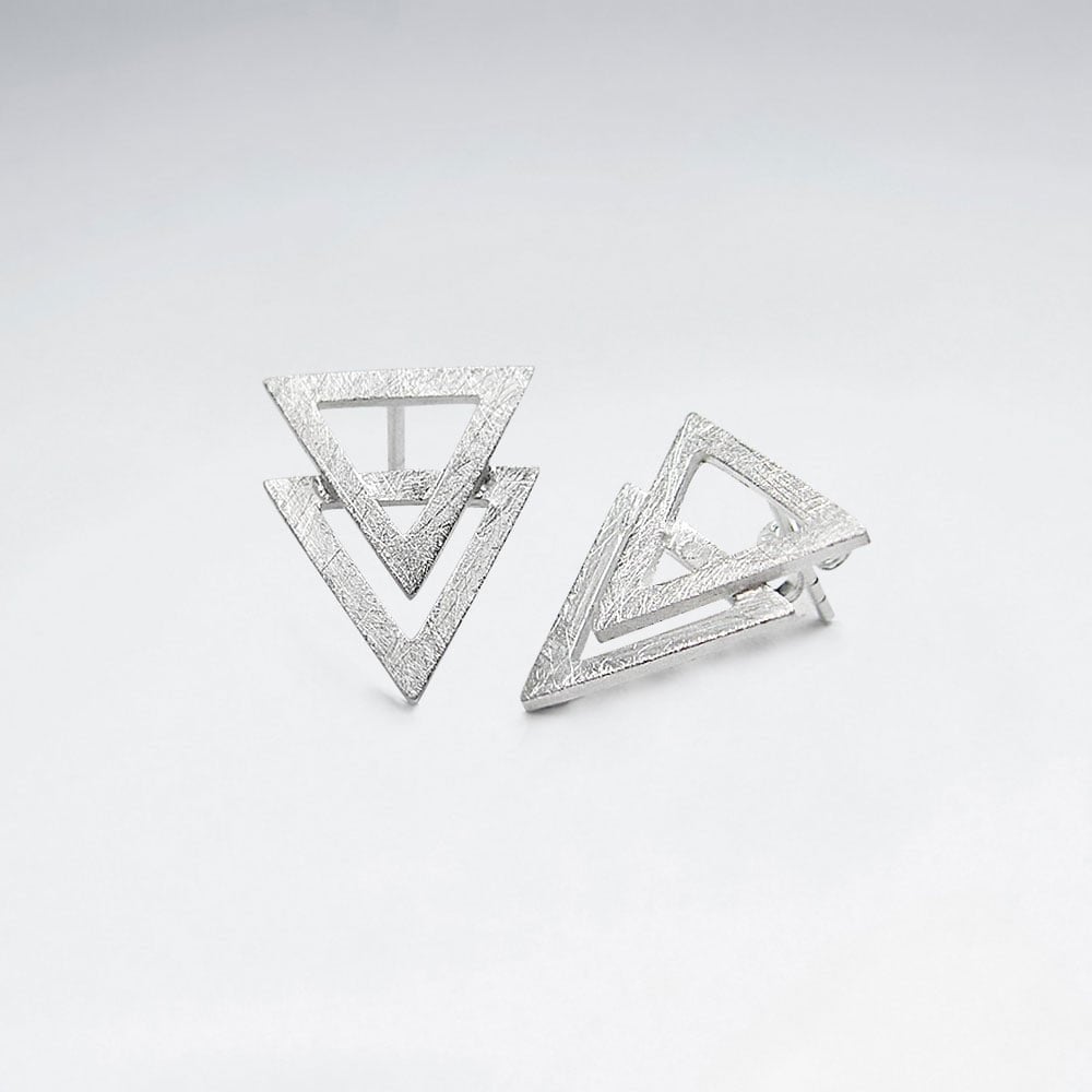 Triangle Double Openwork Matte Silver Triangle Stud Earrings