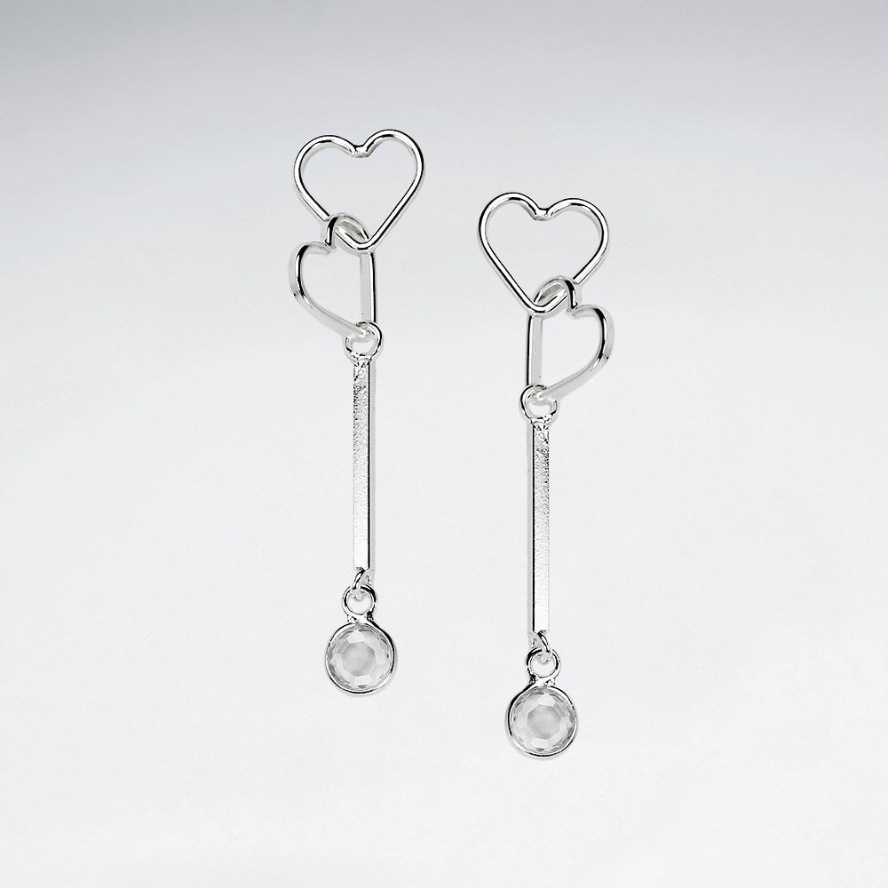 Sterling Silver CZ Heart Key Dangle Stud Earrings