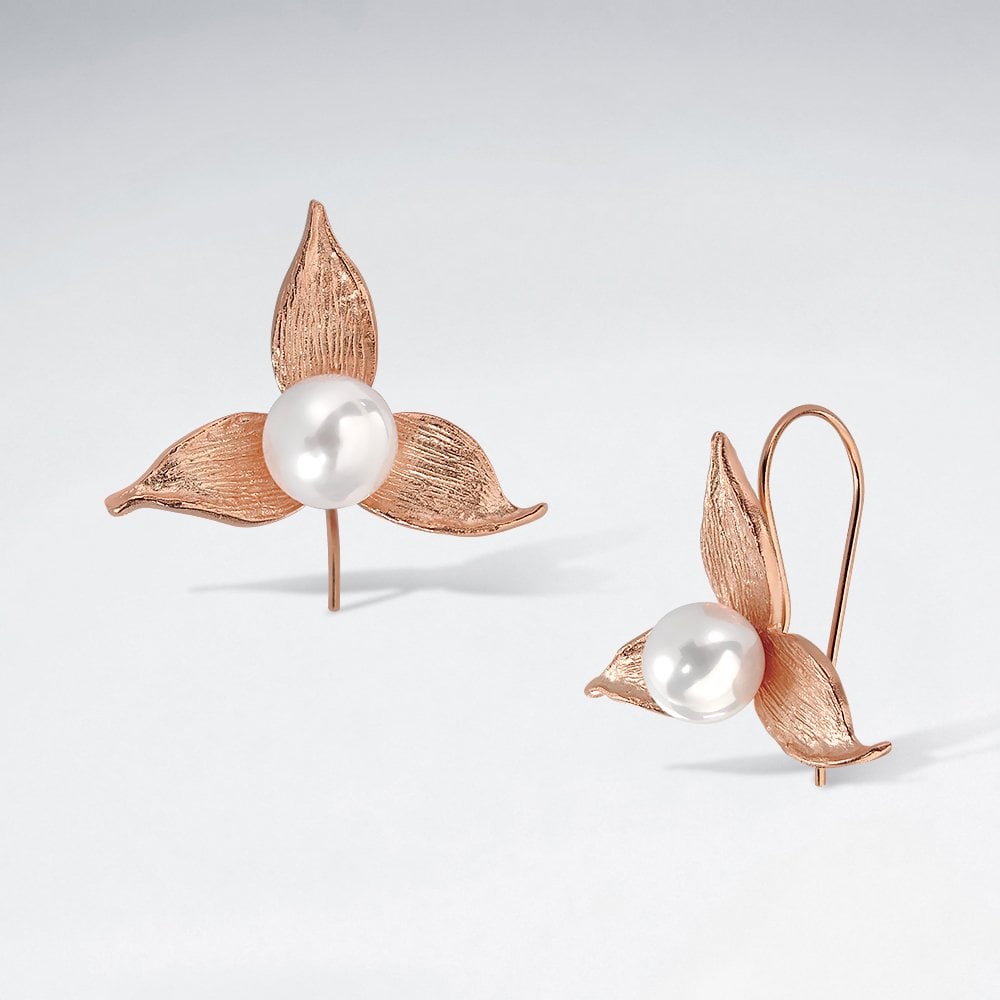 Sterling Silver Flower Pearl Hook Earrings
