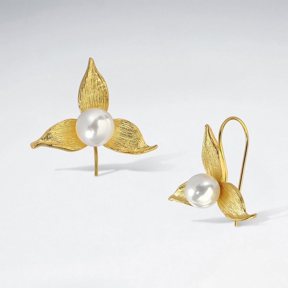 Sterling Silver Flower Pearl Hook Earrings