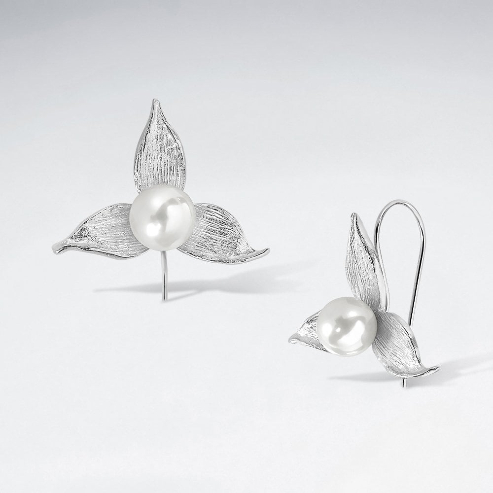 Sterling Silver Flower Pearl Hook Earrings