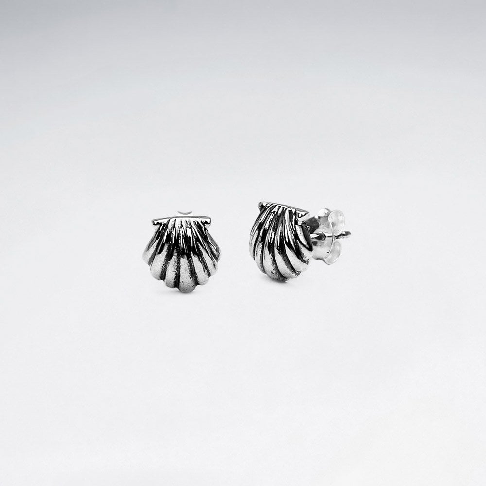 Scallop Seashell Sterling Silver Stud Earrings