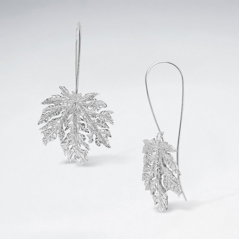Sterling Silver Dimensional Leaf Hook Earrings