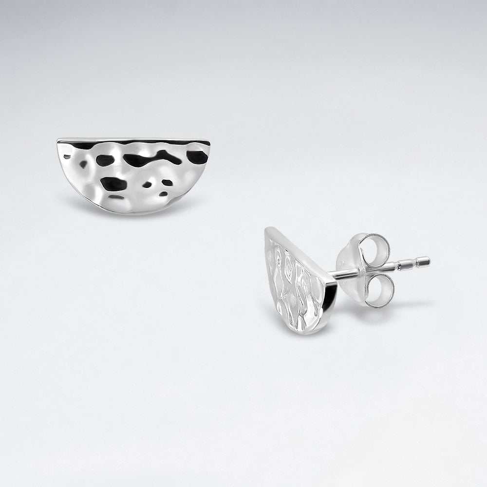 Sterling Silver Hammered Half Moon Stud Earrings