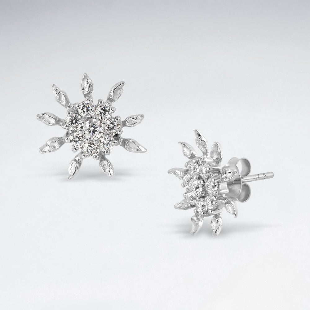 Sterling Silver Sunflower Cubic Zirconia Stud Earrings