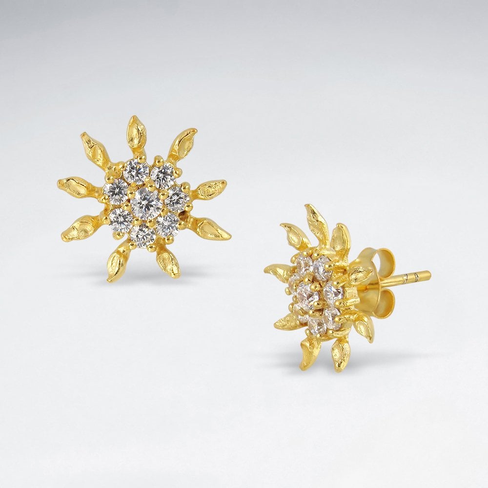 Sterling Silver Sunflower Cubic Zirconia Stud Earrings