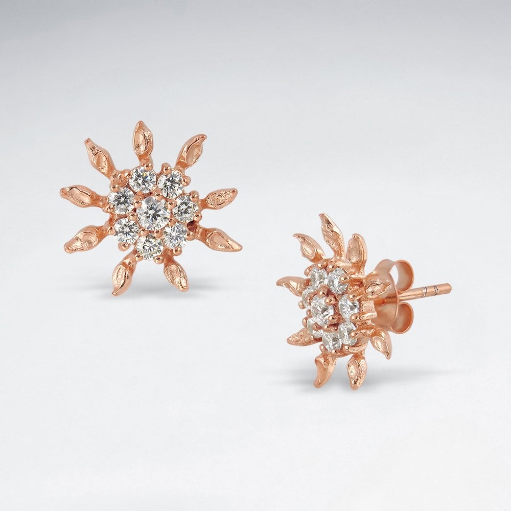 Sterling Silver Sunflower Cubic Zirconia Stud Earrings