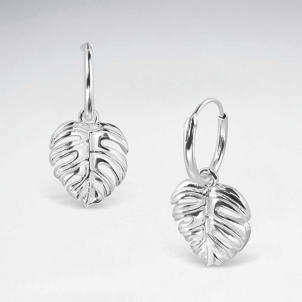 Sterling Silver Flower Leaf Hoop Earrings