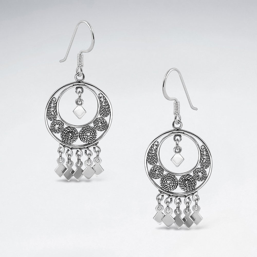 Open Circle Smooth and Textured Sterling Silver Dangle Drop Earrings