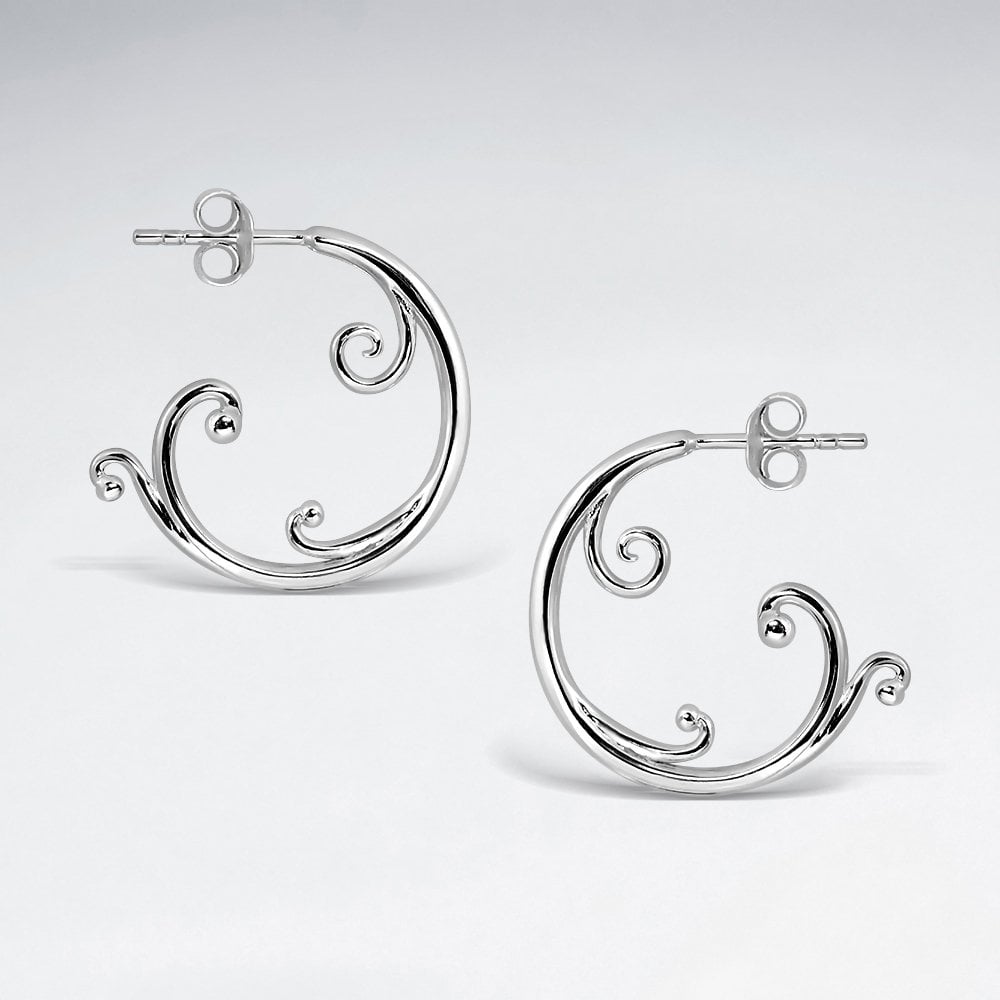 Sterling Silver Ocean Wave Half Hoop Stud Earrings