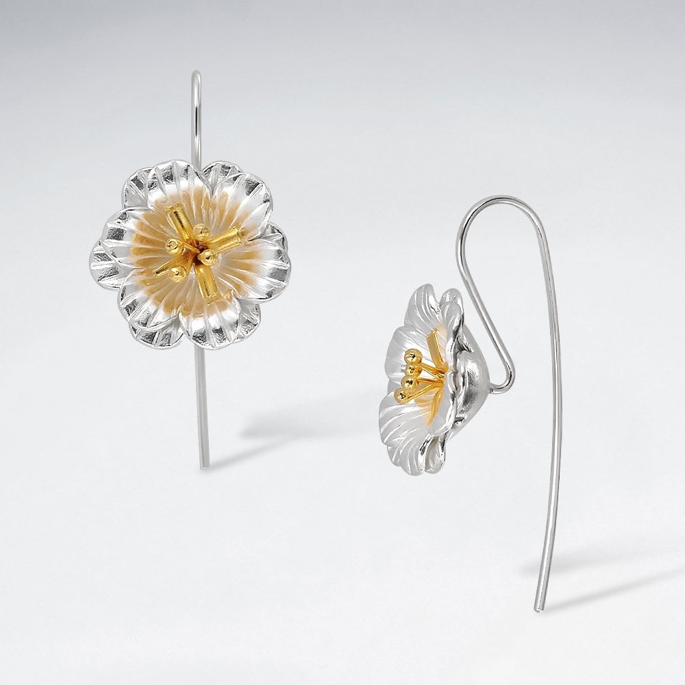 925 Silver Sand Blasted Textured Threader Flower Earrings