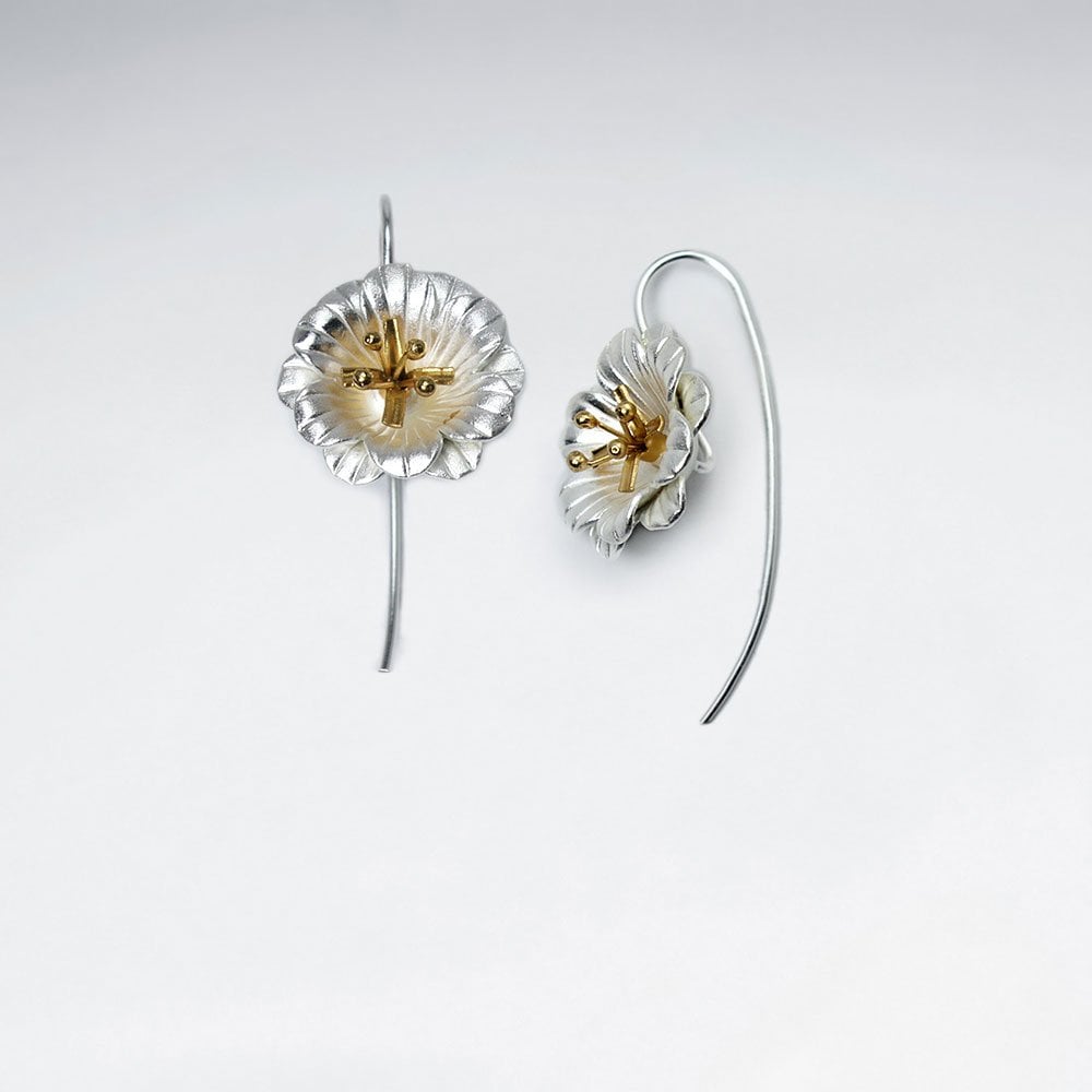 925 Silver Sand Blasted Textured Threader Flower Earrings
