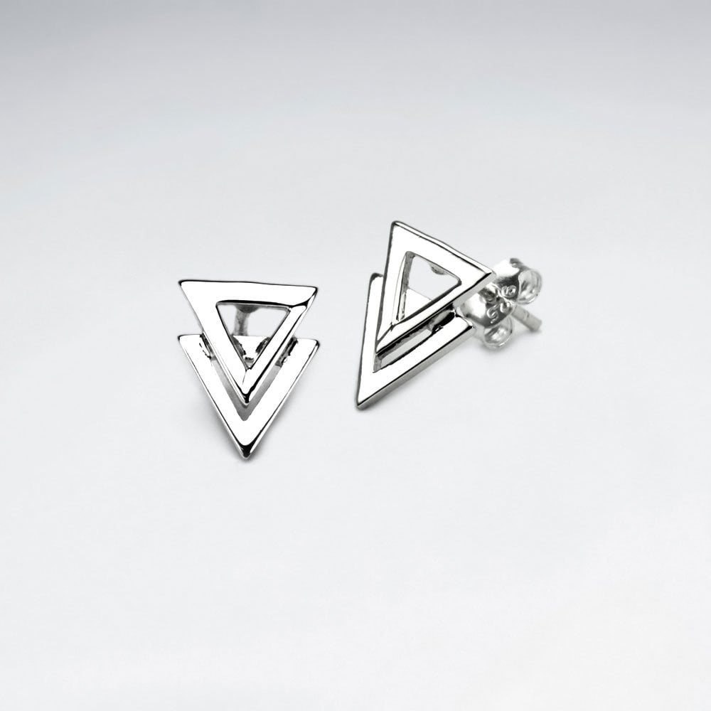Sterling Silver Double Overlap Openwork Triangle Stud Earrings